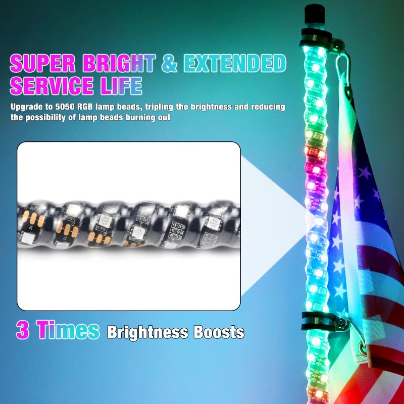 Beatto بيتو 2PCS 5FT(1.5M) جهاز تحكم عن بعد RF أضواء LED RGB مع أضواء هوائي LED متغيرة الألوان للسيارات خارج الطريق ATV UTV RZR جيب شاحنات الكثبان. - Image 2